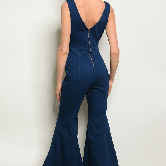 Denim Flare Bottom Jumpsuit - Picture 2 of 7